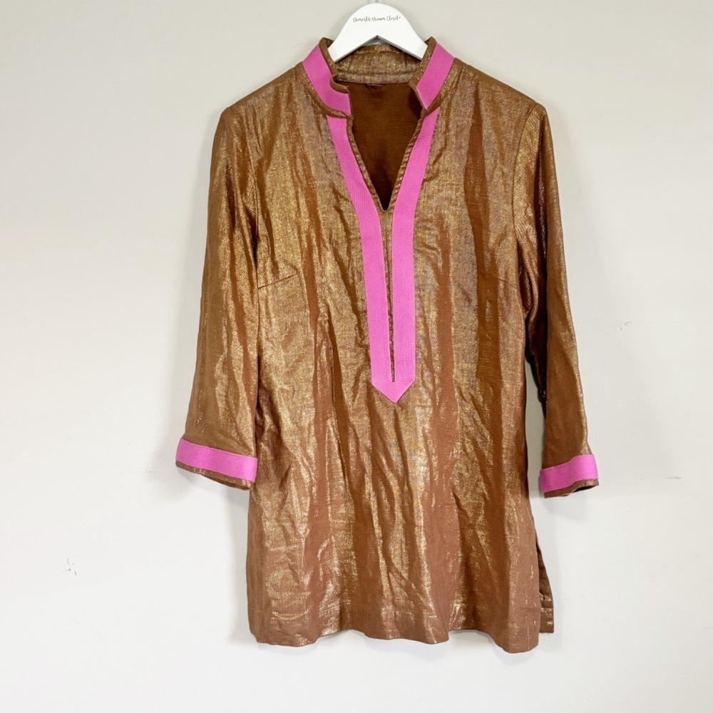 BOO GEMES Women’s Brown Gold Pink Linen Blend Lagenlook Tunic Dress Size Large